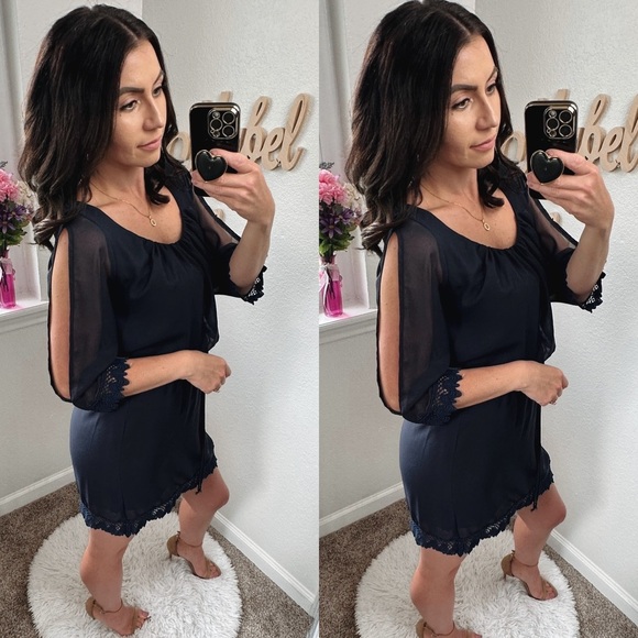 Vintage Jodi Kristopher Navy Laced flare sleeved dress size small - Picture 7 of 7